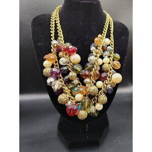 Cluster Necklace in Multi Color Beads -2 Strand Chunky Gold-Tone -18in